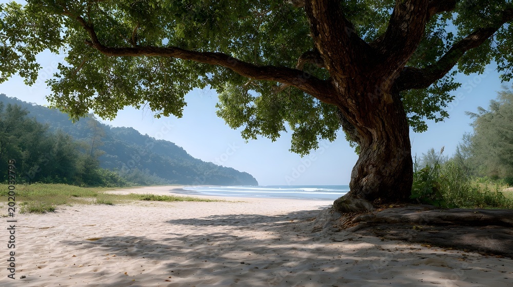 Fototapeta premium A large sprawling tree casting deep shadows over fine sand providing a framed view of a tranquil tropical beach and blue ocean