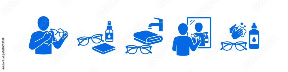 Wall Mural Set of blue icons for eyeglass cleaning and care instructions, including wiping with a cloth, using spray, washing hands, and mirror view