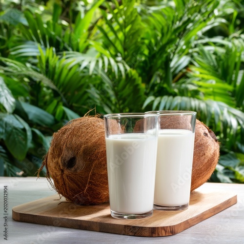Coconut Milk Served in Glasses on a Wooden Platform With Fresh Coconut Halves...
