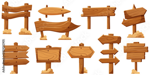 A versatile set of blank wooden signs, directional arrow posts, and rustic signboard panels showcasing realistic wood grain textures, perfect for game design maps or user interface assets.