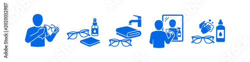 Foto Set of blue icons for eyeglass cleaning and care instructions, including wiping with a cloth, using spray, washing hands, and mirror view