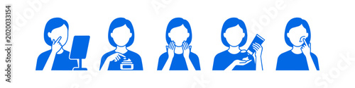 Photography Set of blue vector icons illustrating a woman's daily skincare routine, including using a mirror, applying face cream from a jar and tube, and moisturizing her skin