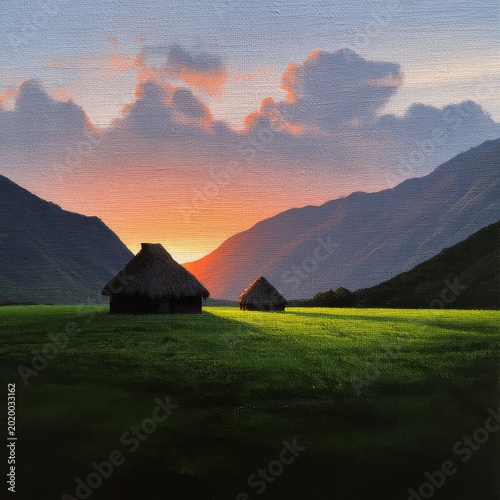 Mountains and Huts at Sunset in a Rural Area With Green Fields and Trees