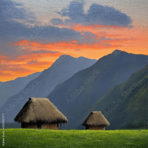 Sunset Over Mountains With Huts in the Valley