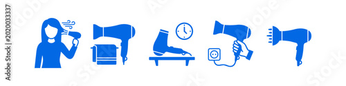 Cuadro en lienzo Set of blue hair dryer icons including a woman styling hair, dryer with towel, timer, hand holding a plugged-in dryer, and diffuser attachment