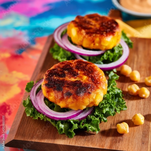 Delicious Burgers on a Wooden Board With Colorful Toppings and a Blue Background