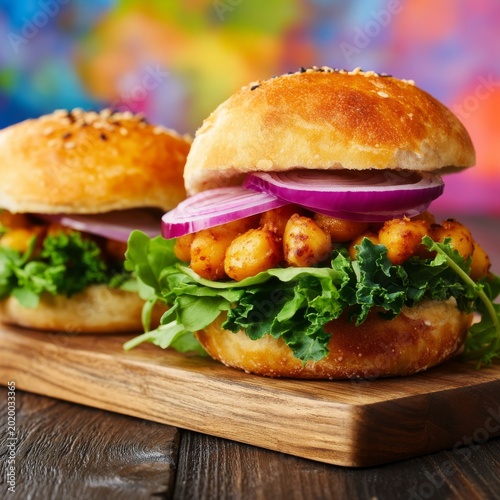 Fresh Burgers With Greens and Onions Served on a Wooden Board During a Colorf...
