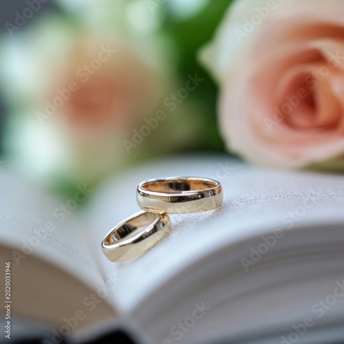 Wedding Rings Placed on an Open Book With Roses in the Background