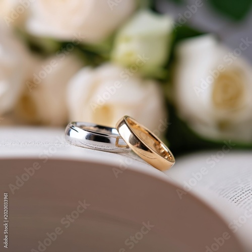 Weddings Rings Placed on an Open Book With Flowers in the Background and Soft...