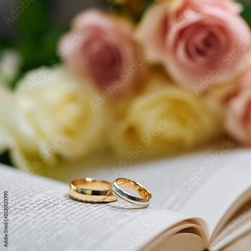 Weddings Rings Placed on an Open Book With Flowers in the Background and Soft...