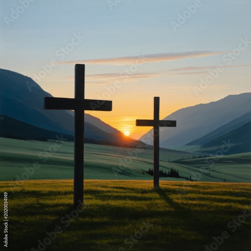 Sunset Over Two Crosses in a Green Field With Mountains in the Background