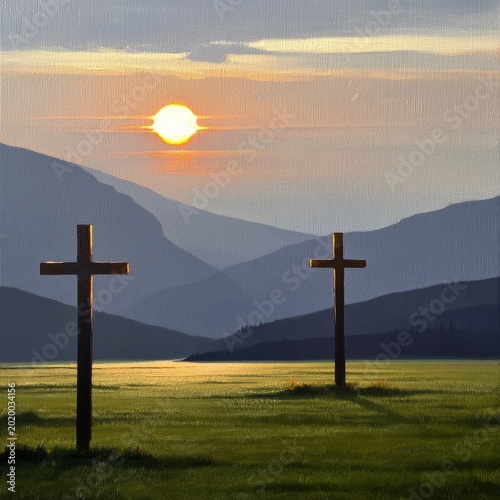 Sunset Over Two Crosses in a Green Field With Mountains in the Background