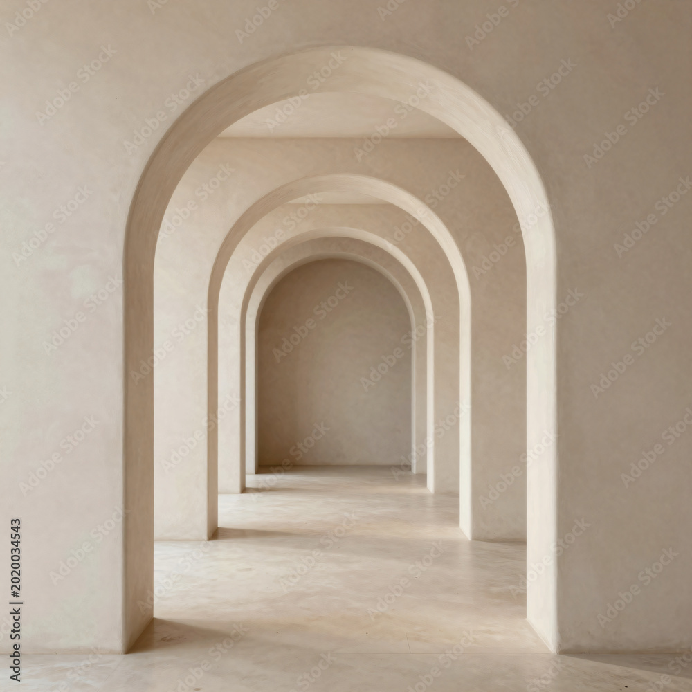 Fototapeta premium Minimalist architectural corridor with repeating plaster arches