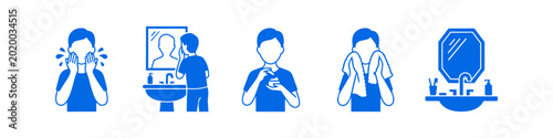 Vector icons showing a man's skincare routine, including washing his face, using a mirror at a sink, applying moisturizer, and drying with a towel. Clean blue illustrations for hygiene themes.