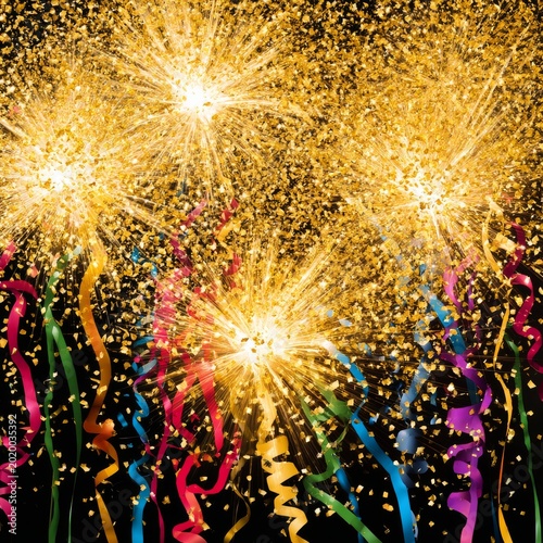 Colorful Confetti and Streamers Fall During a Celebration at Night in a Festi...