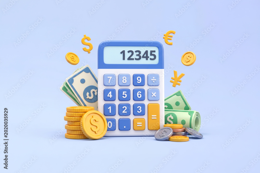 Papier peint 3D Calculator with Money Concept for Financial Accounting, Budgeting, and Saving