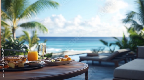 Terrace of a tropical villa with breakfast and ocean view; generative ai
