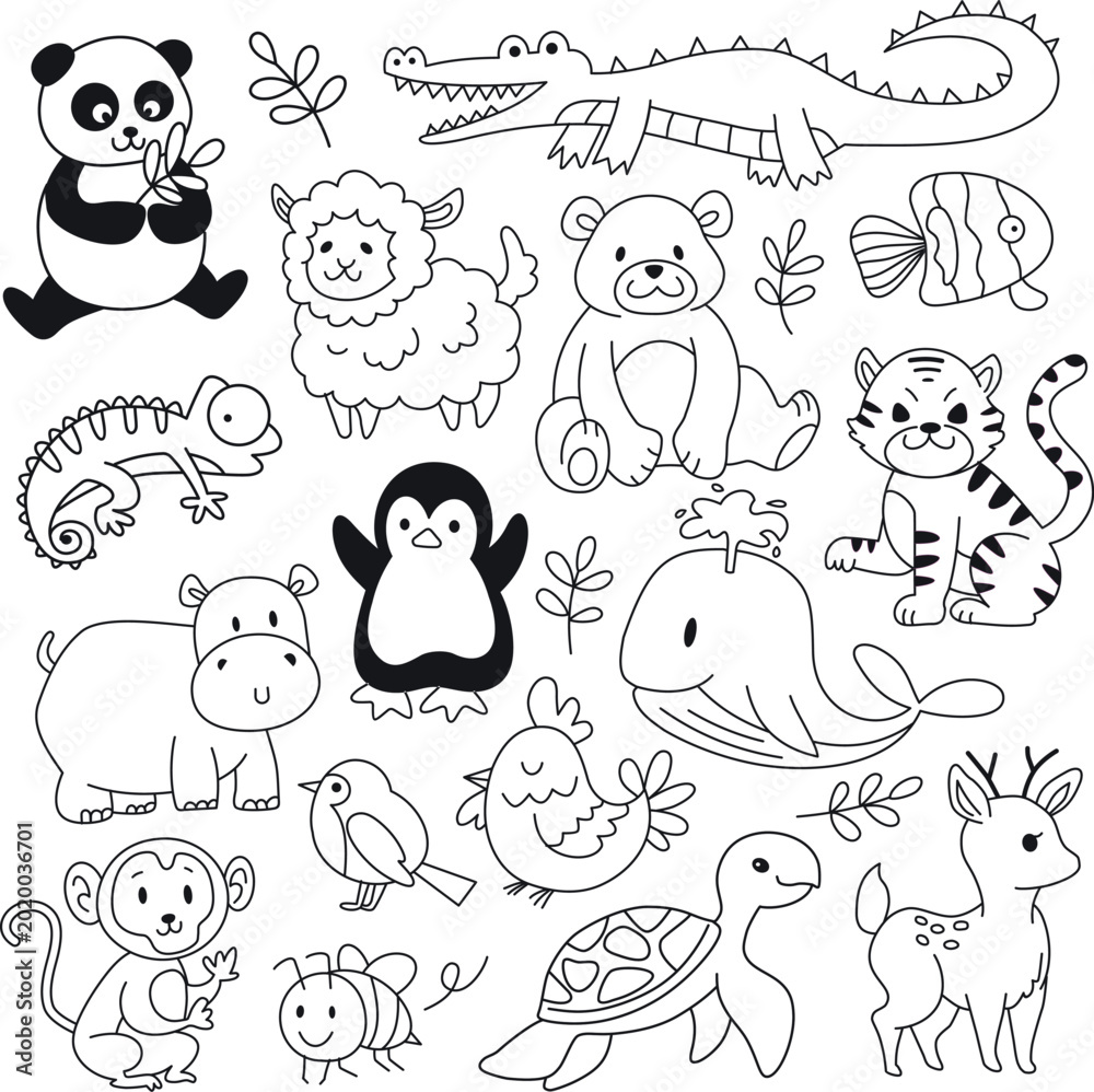 Obraz premium Hand Drawn Animal Doodle Collection with Cute Wildlife and Cartoon Creatures