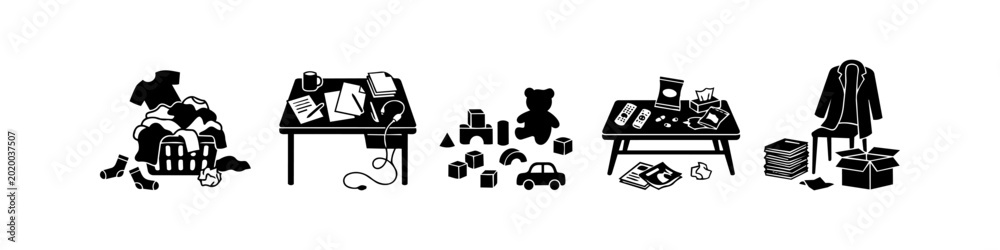 Ταπετσαρία Black silhouettes of messy household scenes, including overflowing laundry, a cluttered desk, scattered toys, an untidy coffee table, and piles of books and clothes