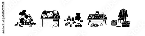 Foto Black silhouettes of messy household scenes, including overflowing laundry, a cluttered desk, scattered toys, an untidy coffee table, and piles of books and clothes