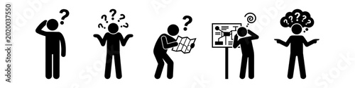 Foto Set of stick figure icons depicting confusion, being lost, and uncertainty