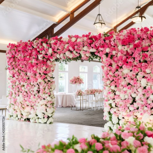 Floral Decorations Set up for an Event in a Bright Venue With a Flower Wall a...