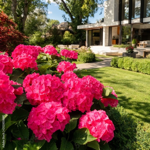 Flowers Bloom in a Garden Near a Modern Home on a Sunny Day