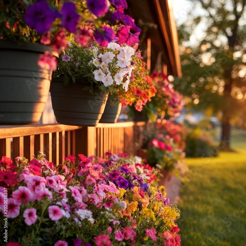 Flowers and Plants Line the Porch as the Sun Sets in the Evening Sky Near a C...