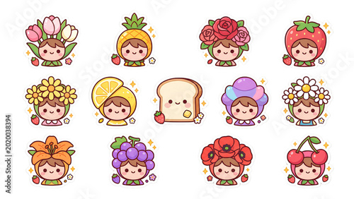 Adorable Kawaii Chibi Characters with Fruit and Flower Headwear