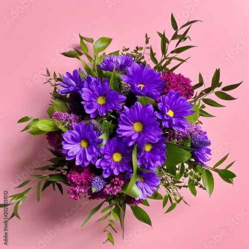 Bright Purple Flowers With Green Leaves Against a Pink Background in a Still ...
