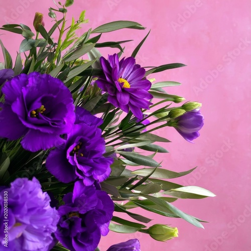 Bright Purple Flowers With Green Leaves Against a Pink Background in a Still ...