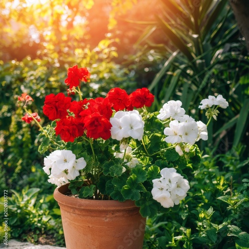 Bright Red and White Flowers in a Pot Under Sunlight in a Garden During the A...