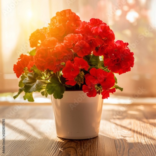 Bright Red Flowers in a Pot Placed on a Wooden Table Near a Sunny Window
