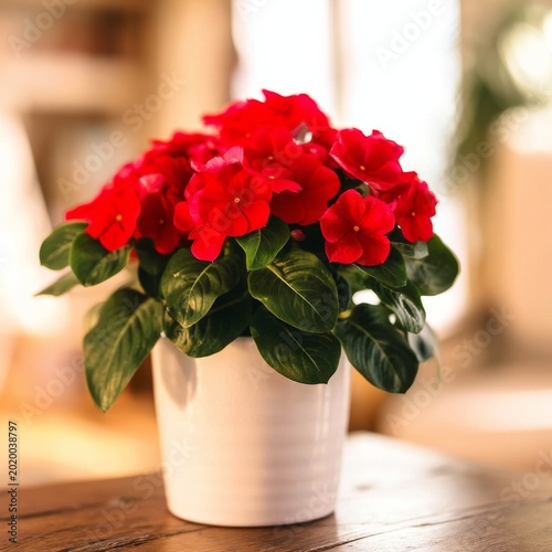 Bright Red Flowers in a Pot Placed on a Wooden Table Near a Sunny Window