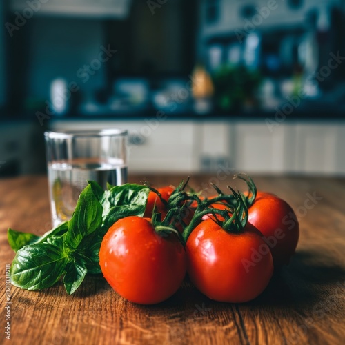 Fresh Tomatoes and Basil on Wooden Table With Glass of Water in Kitchen Durin...