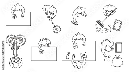 Photos Professional cleaning service icons in top view, janitorial staff outline vector