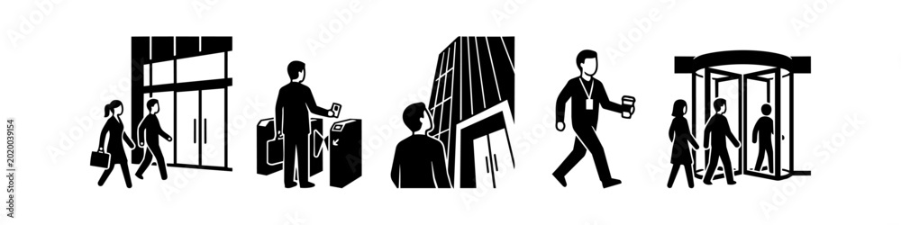 Ταπετσαρία Set of minimalist black and white icons depicting office entrance scenes, including people commuting, using security badges at turnstiles, and walking through revolving doors into a building