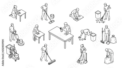 Tableau sur toile Isometric cleaning service people vector set, professional janitorial staff char