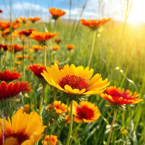 Colorful Flowers Bloom in a Field During Springtime in a Sunny Outdoor Setting