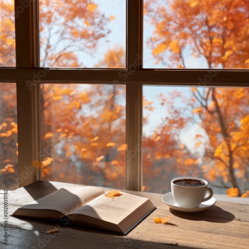 Enjoying Coffee and Reading a Book in a Vibrant Autumn Forest With Falling Le...