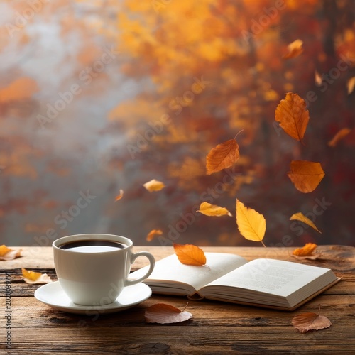 Warm Coffee and an Open Book by a Window With Falling Autumn Leaves