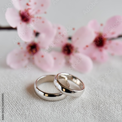 Rings Placed on Soft Fabric Surrounded by Pink Flowers in a Bright Setting
