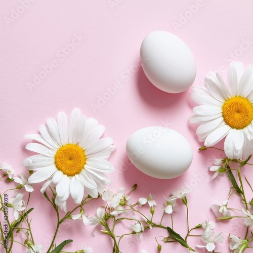 Two White Eggs Surrounded by White Flowers on a Pink Backdrop
