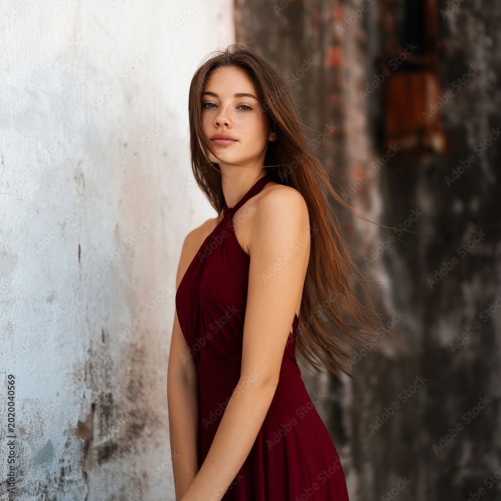 Naklejka premium Woman Posing With Long Hair in a Red Dress Near a Weathered Wall During Daylight Hours
