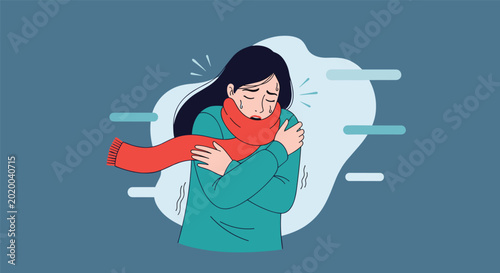 Woman shivering from the cold wears a long red scarf and wraps her arms around herself, illustrating winter weather or feeling unwell with fever.