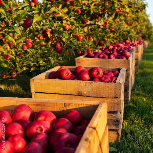 Freshly Picked Apples in Wooden Crates Under Sunlight in an Orchard During Au...
