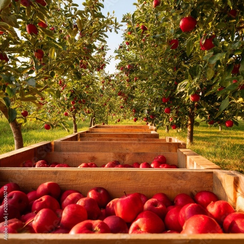 Workers Harvest Apples in Orchard During Afternoon With Wooden Crates Filled ...