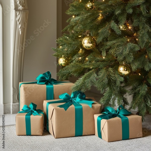 Presents Wrapped in Brown Paper With Teal Ribbons Under a Christmas Tree