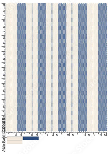 Seamless vertical stripe pattern in blue and beige. Classic ticking fabric texture background.