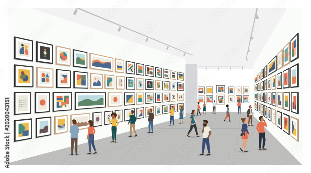 Fototapeta premium A crowded modern art gallery features numerous visitors viewing various colorful geometric framed paintings displayed along white walls in a bright minimalist indoor space.